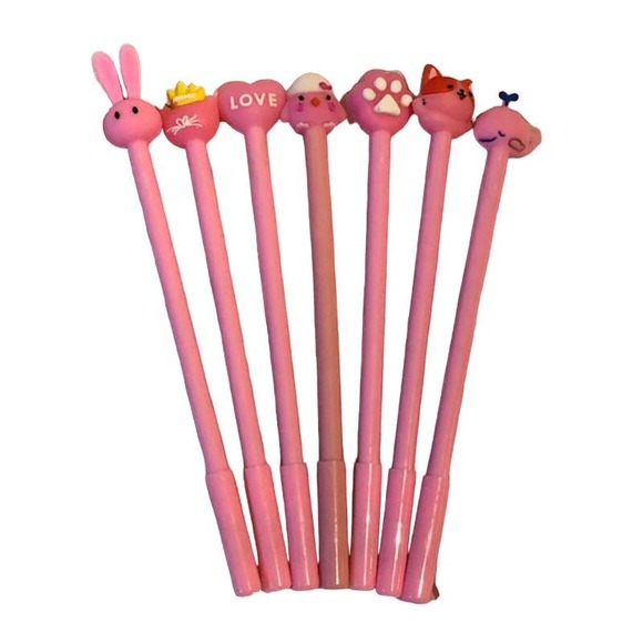 Pink 7 pc Black Gel Roller Ball Ink Pen Set (0.5mm tip) + Pouch - Picture 1 of 5